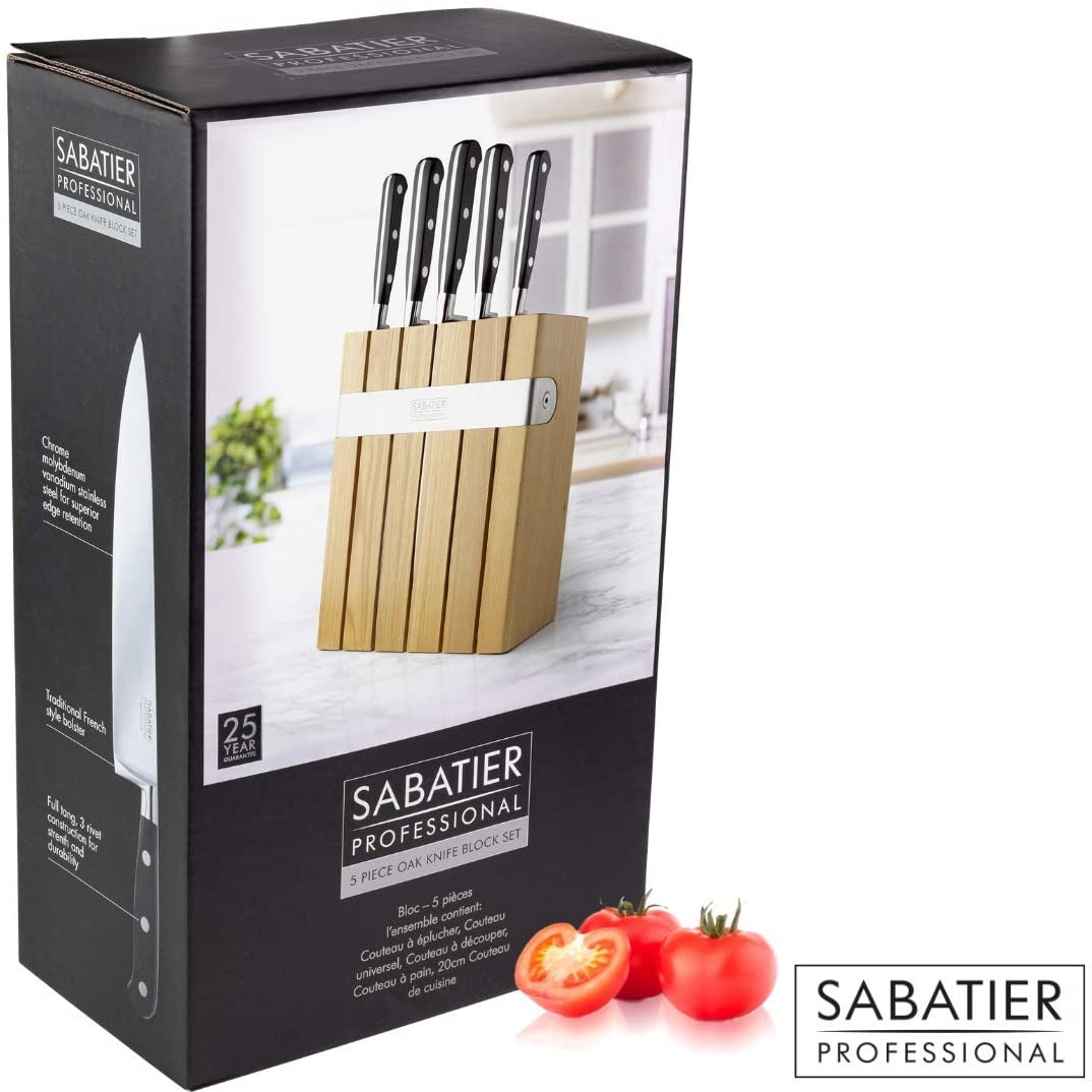 Sabatier Professional 5 Piece Kitchen Knife Set & Oak Knife Block