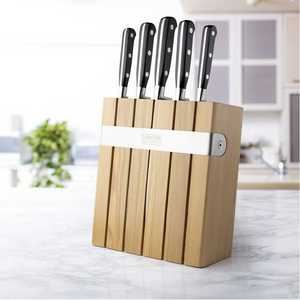 Sabatier Oak and Stainless Steel Slotted Knife Block and 5 Piece Knife Set