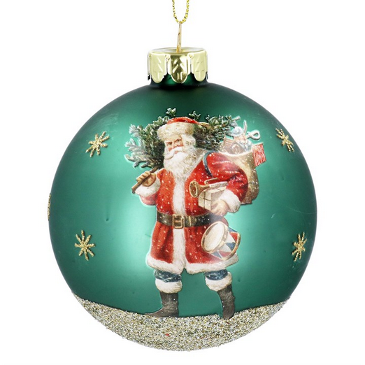 Gisela Graham Glass Bauble,  Matt Green/Gold Sparkling Nostalgia Santa