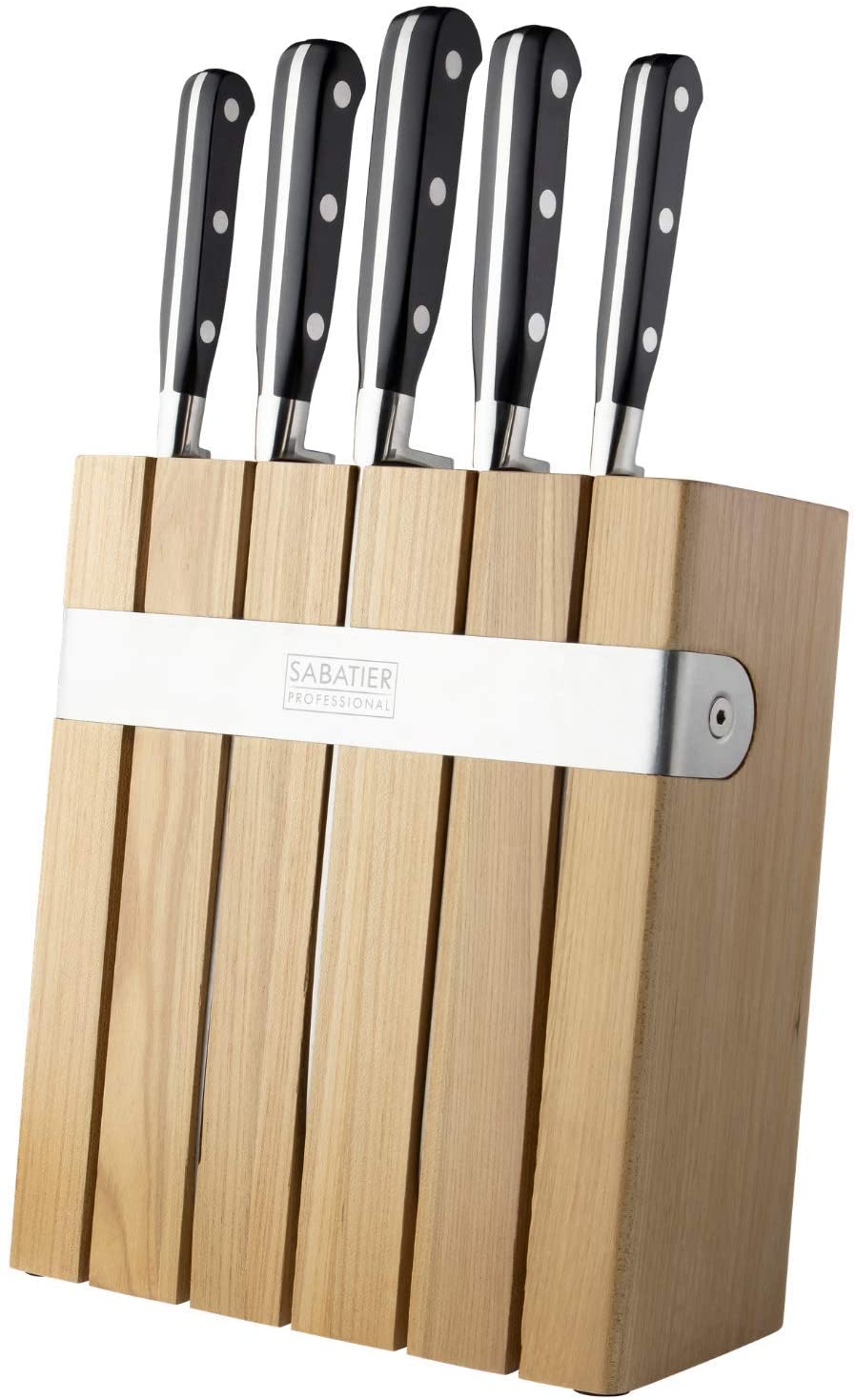 Sabatier Oak and Stainless Steel Slotted Knife Block and 5 Piece Knife Set